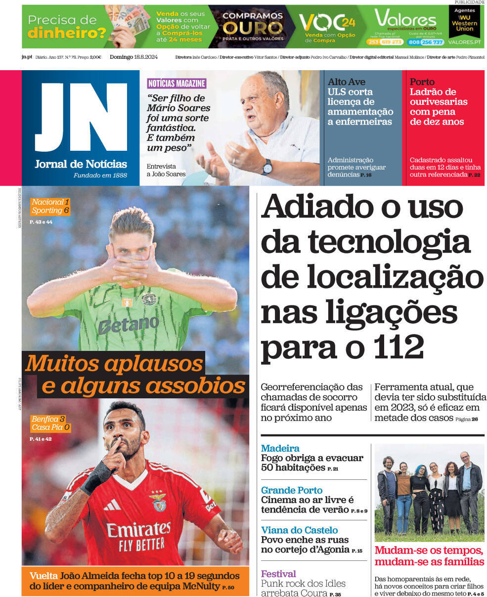 Jornal de Not&iacute;cias: Capa da Edi&ccedil;&atilde;o de domingo, 18 de agosto 2024