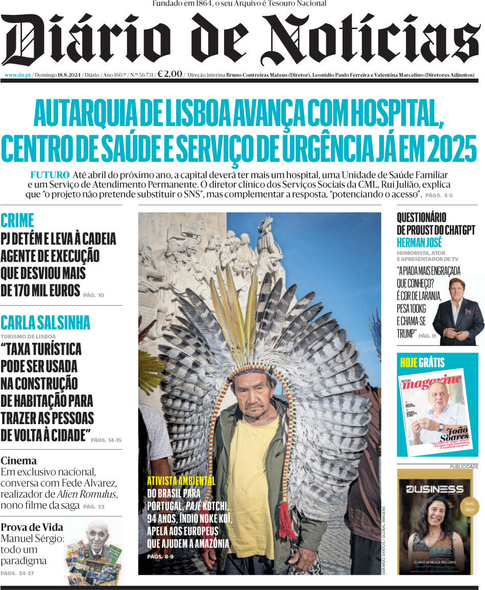Di&aacute;rio de Not&iacute;cias: Capa da Edi&ccedil;&atilde;o de domingo, 18 de agosto 2024