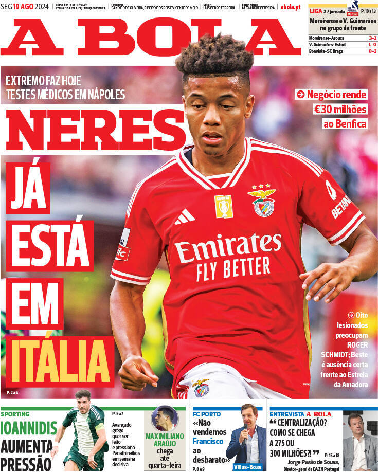 A Bola: Capa da Edi&ccedil;&atilde;o de segunda-feira, 19 de agosto 2024