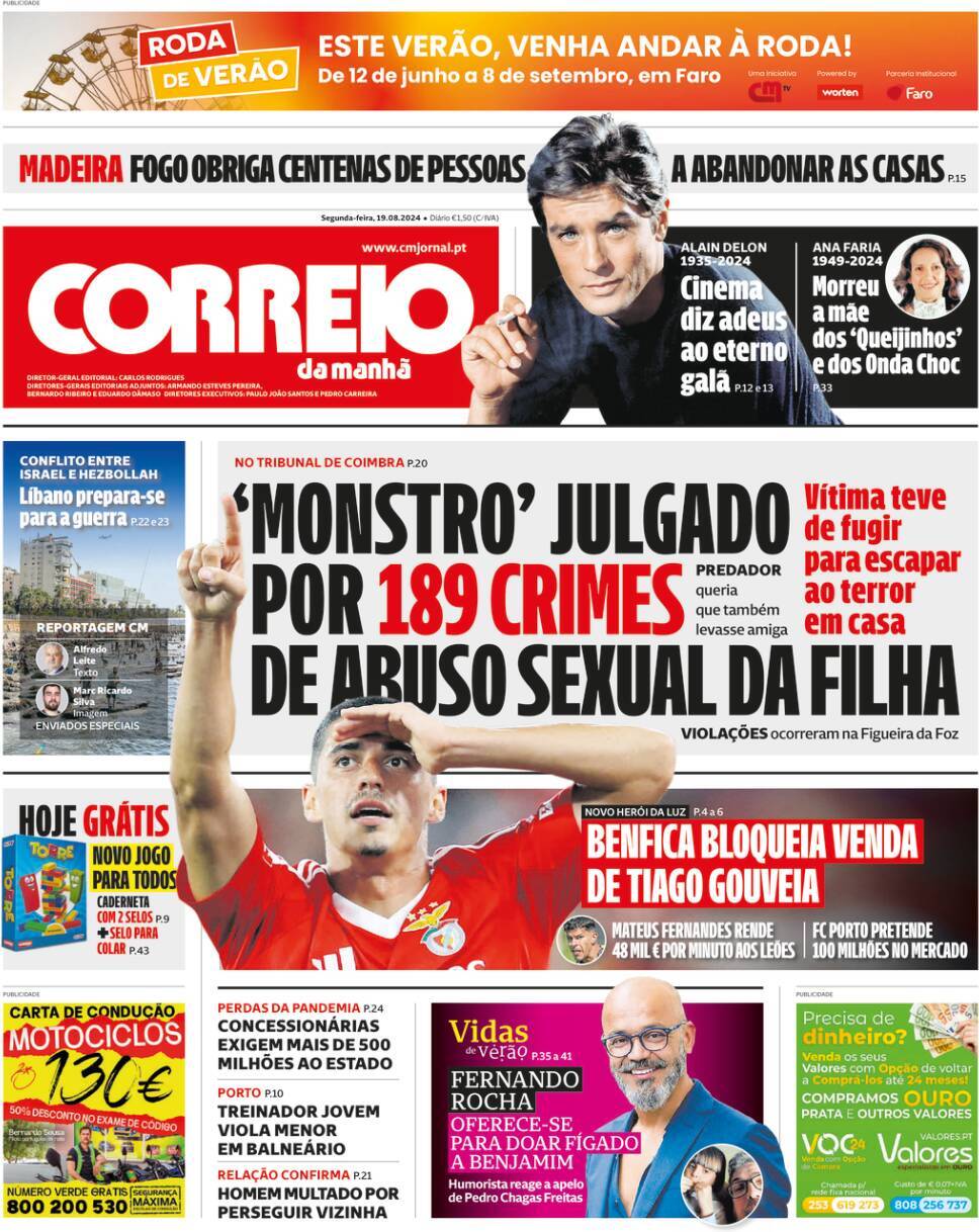 Correio da Manh&atilde;: Capa da Edi&ccedil;&atilde;o de segunda-feira, 19 de agosto 2024