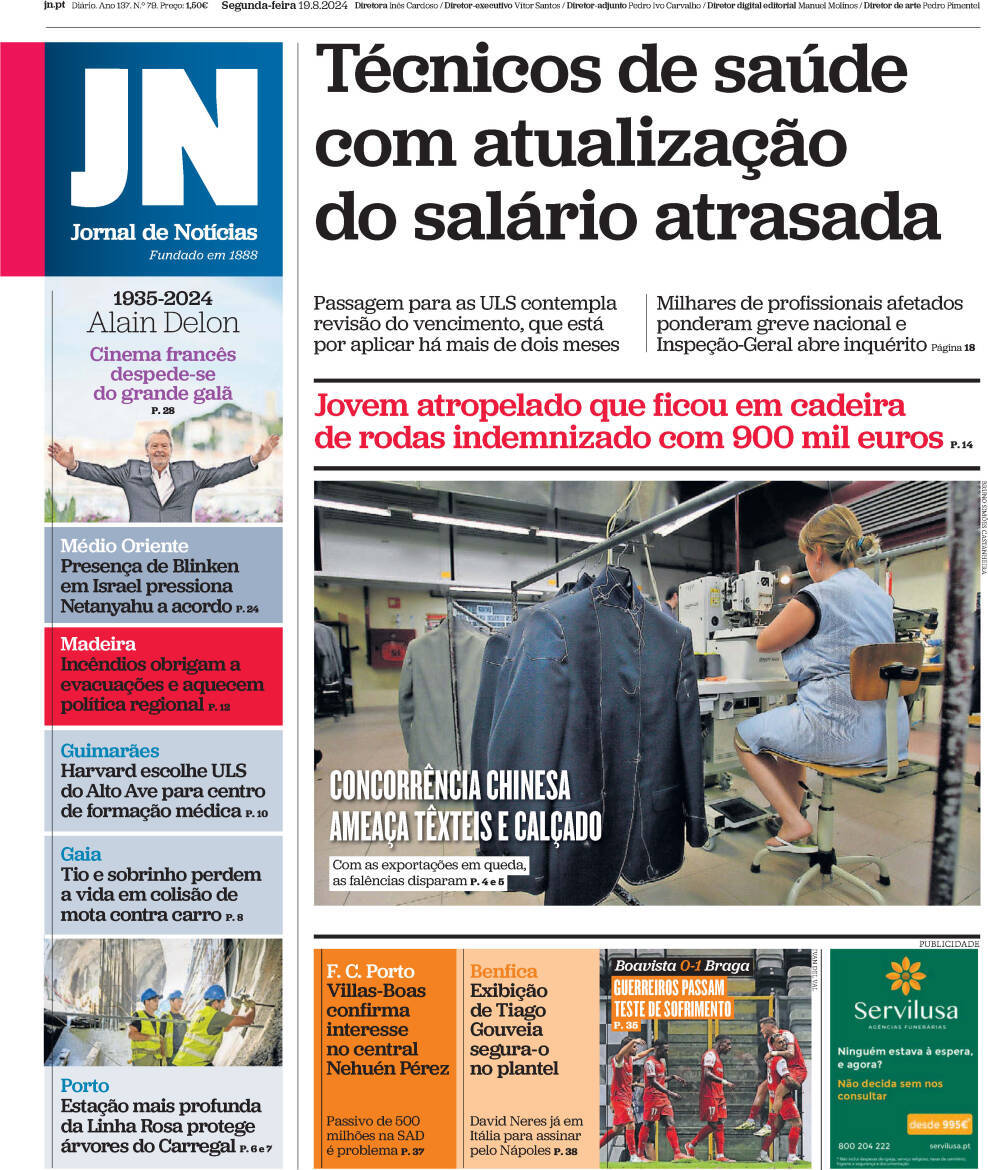 Jornal de Not&iacute;cias: Capa da Edi&ccedil;&atilde;o de segunda-feira, 19 de agosto 2024