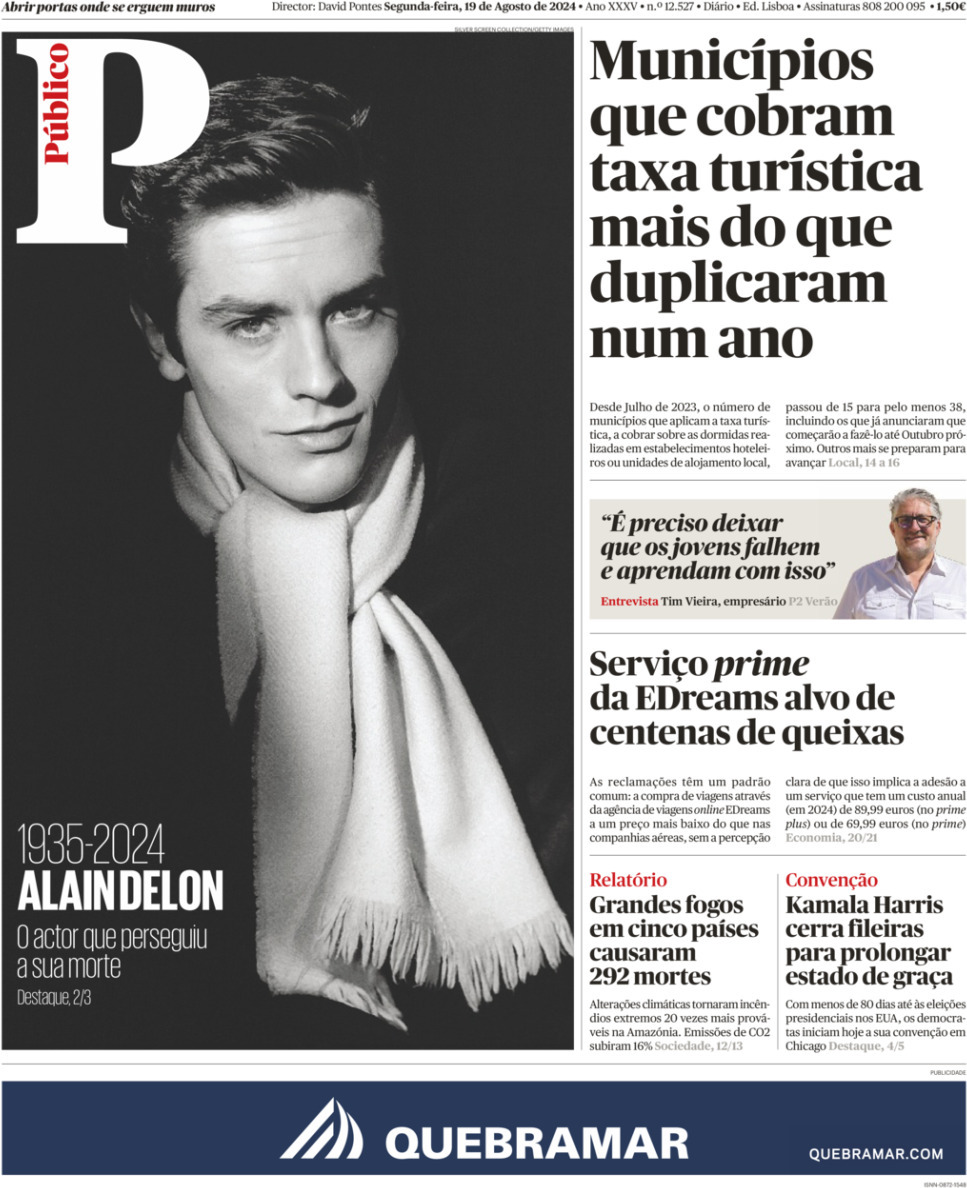 P&uacute;blico: Capa da Edi&ccedil;&atilde;o de segunda-feira, 19 de agosto 2024