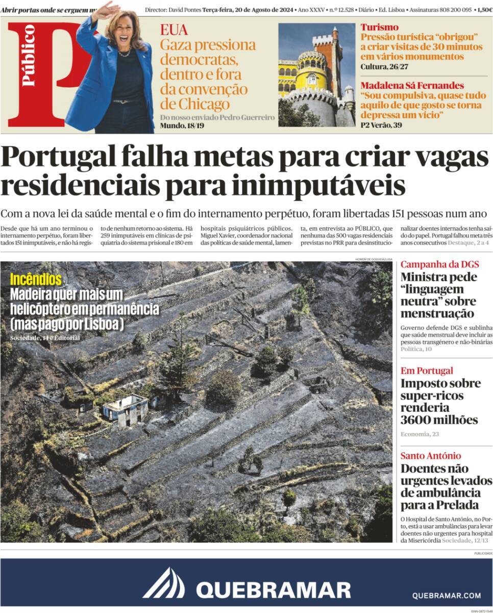 P&uacute;blico: Capa da Edi&ccedil;&atilde;o de ter&ccedil;a-feira, 20 de agosto 2024