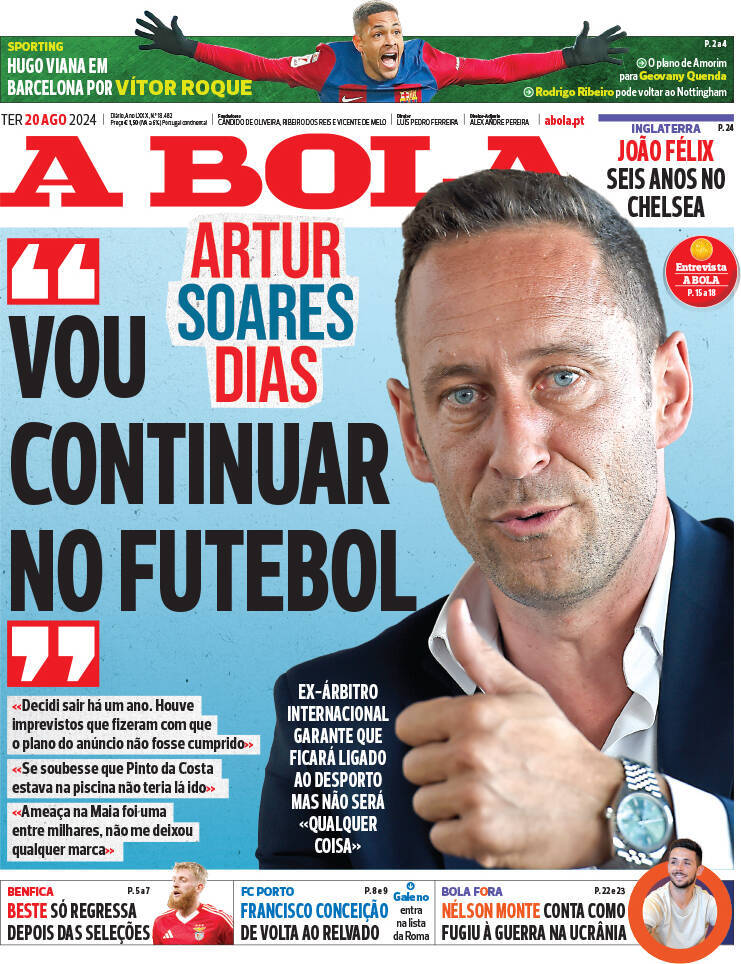 A Bola: Capa da Edi&ccedil;&atilde;o de ter&ccedil;a-feira, 20 de agosto 2024