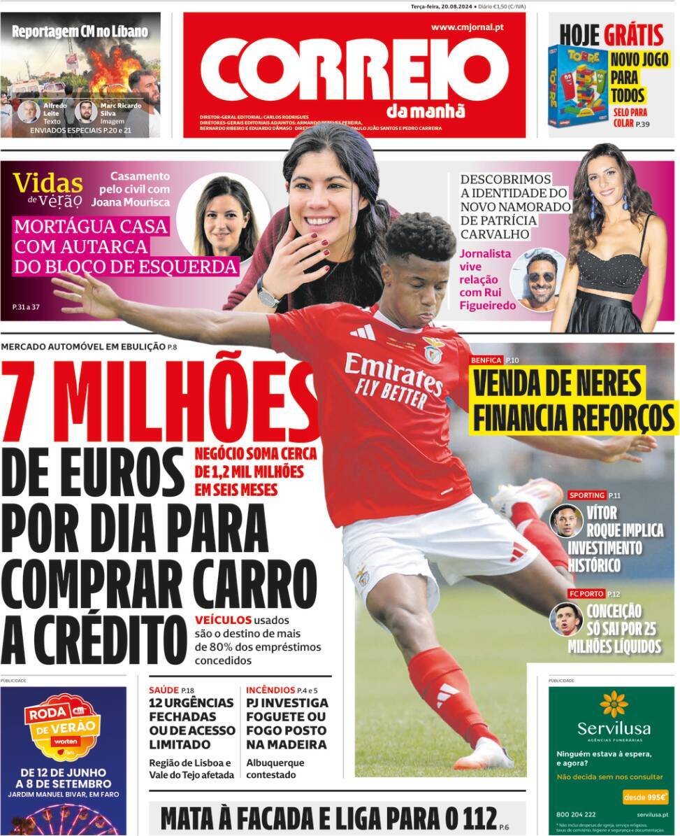 Correio da Manh&atilde;: Capa da Edi&ccedil;&atilde;o de ter&ccedil;a-feira, 20 de agosto 2024