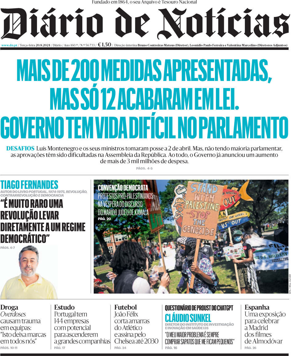 Di&aacute;rio de Not&iacute;cias: Capa da Edi&ccedil;&atilde;o de ter&ccedil;a-feira, 20 de agosto 2024