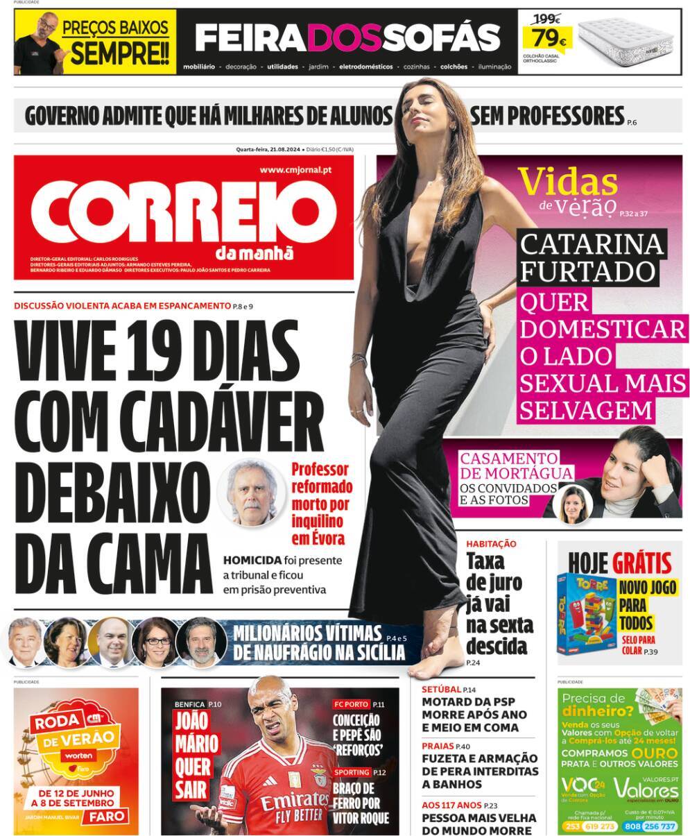 Correio da Manh&atilde;: Capa da Edi&ccedil;&atilde;o de quarta-feira, 21 de agosto 2024
