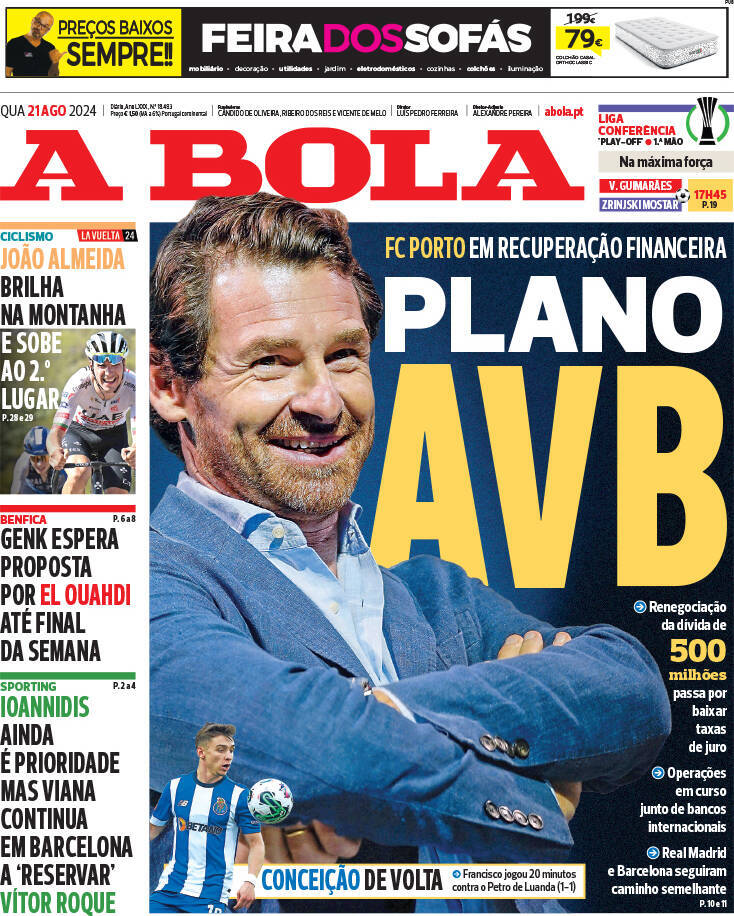 A Bola: Capa da Edi&ccedil;&atilde;o de quarta-feira, 21 de agosto 2024