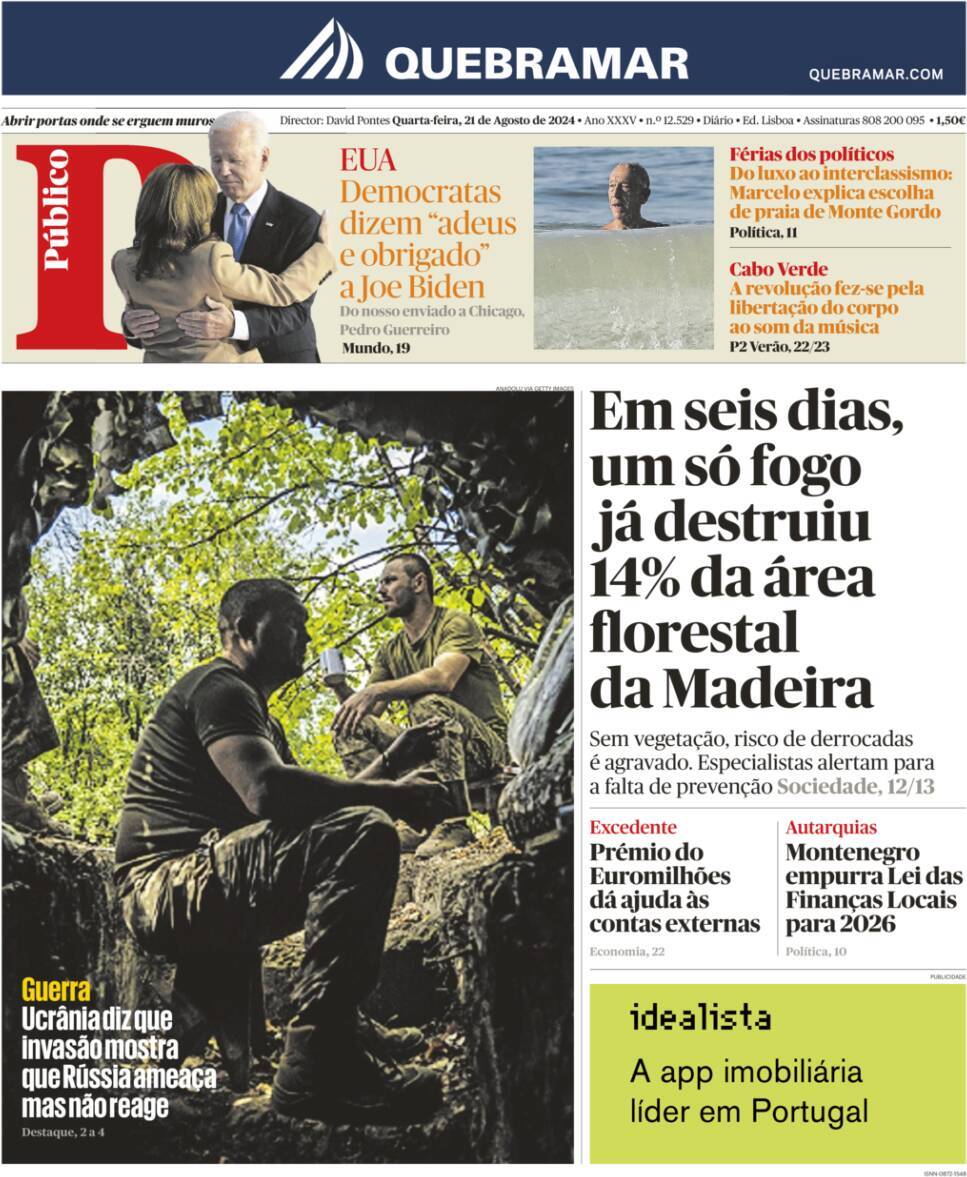 P&uacute;blico: Capa da Edi&ccedil;&atilde;o de quarta-feira, 21 de agosto 2024