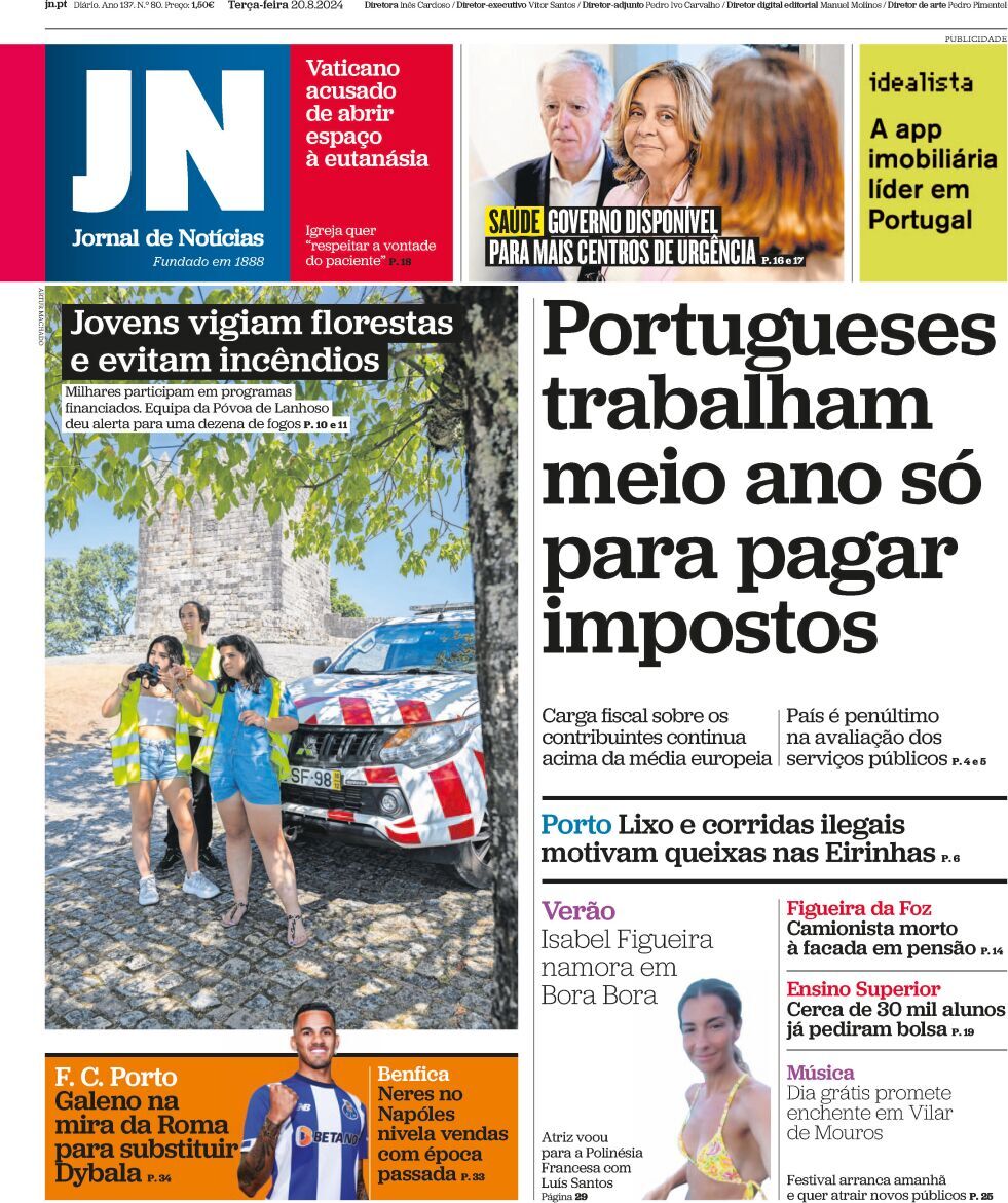 Jornal de Not&iacute;cias: Capa da Edi&ccedil;&atilde;o de quarta-feira, 21 de agosto 2024