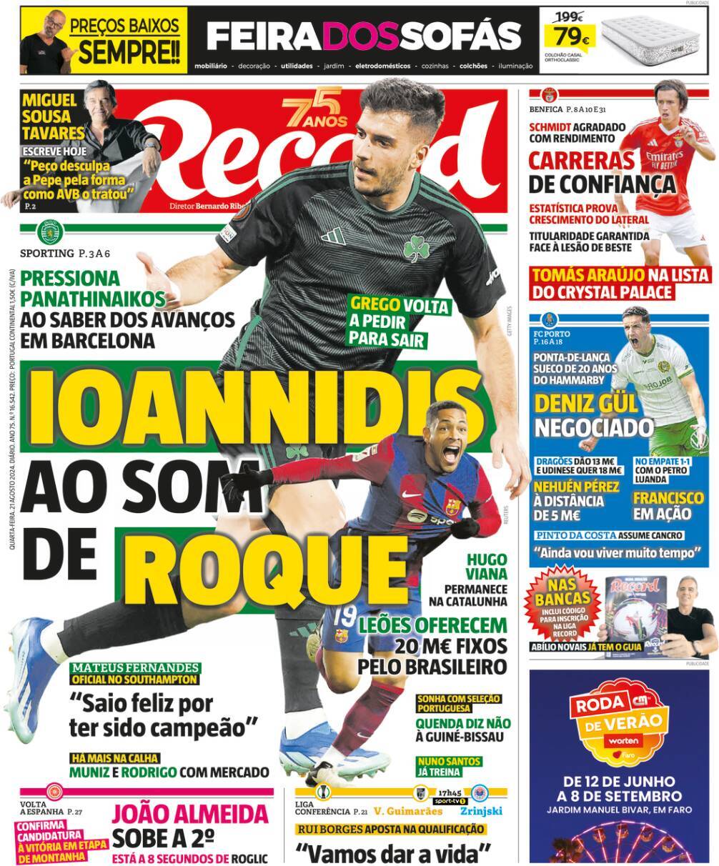 Record: Capa da Edi&ccedil;&atilde;o de quarta-feira, 21 de agosto 2024