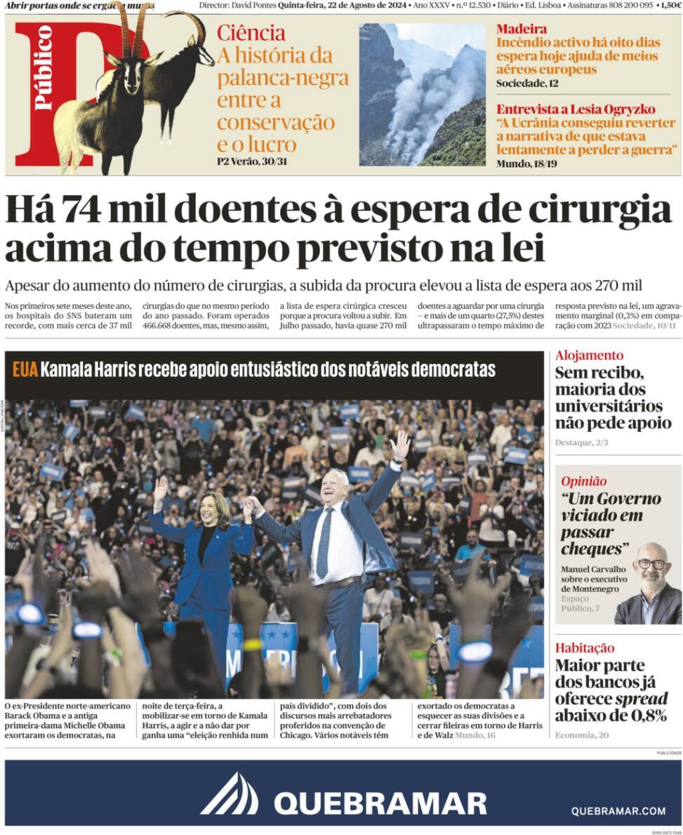 Record: Capa da Edi&ccedil;&atilde;o de quinta-feira, 22 de agosto 2024