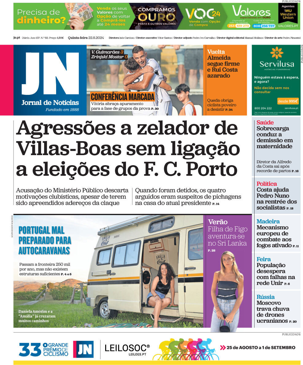Jornal de Not&iacute;cias: Capa da Edi&ccedil;&atilde;o de quinta-feira, 22 de agosto 2024