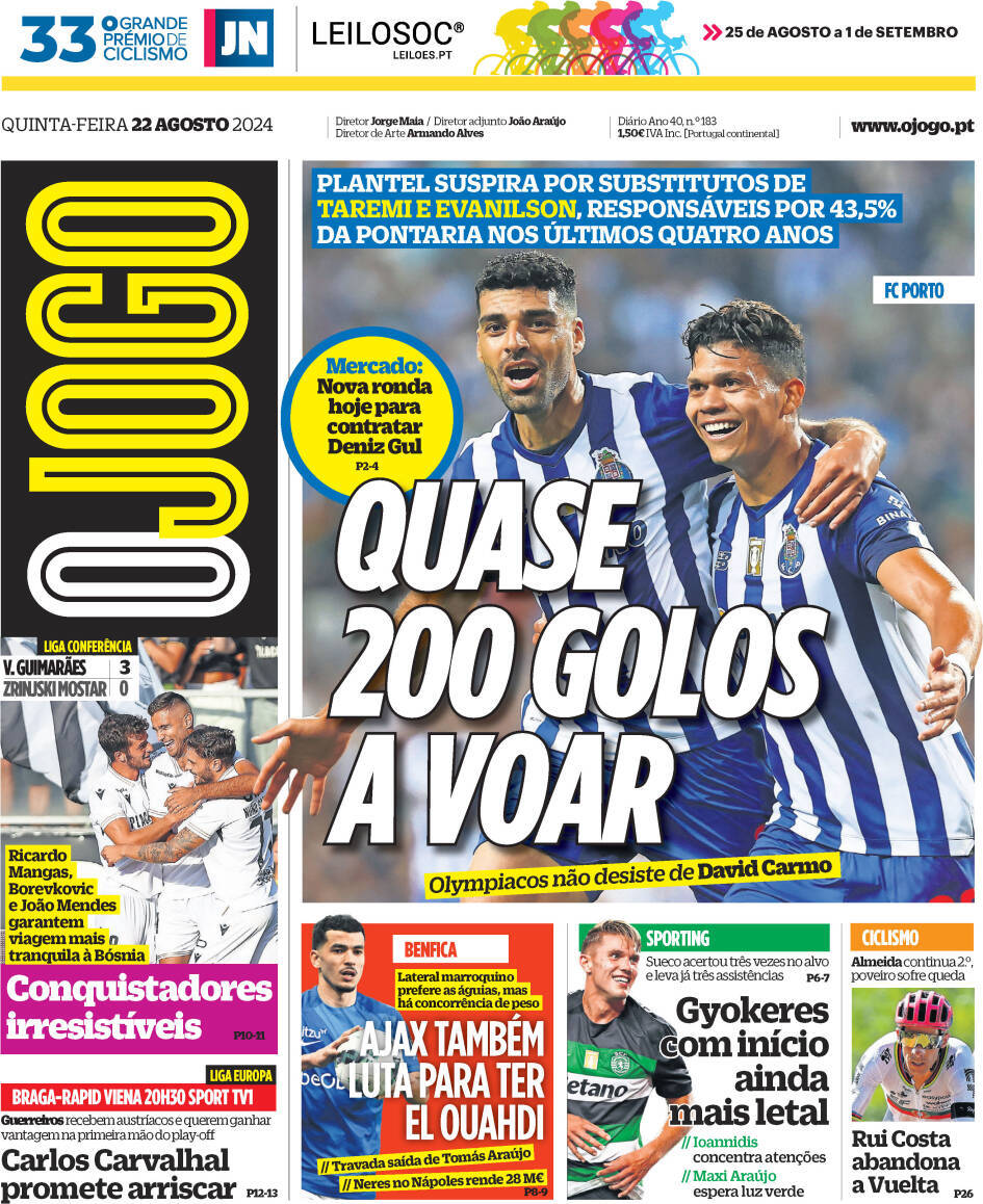 O Jogo: Capa da Edi&ccedil;&atilde;o de quinta-feira, 22 de agosto 2024