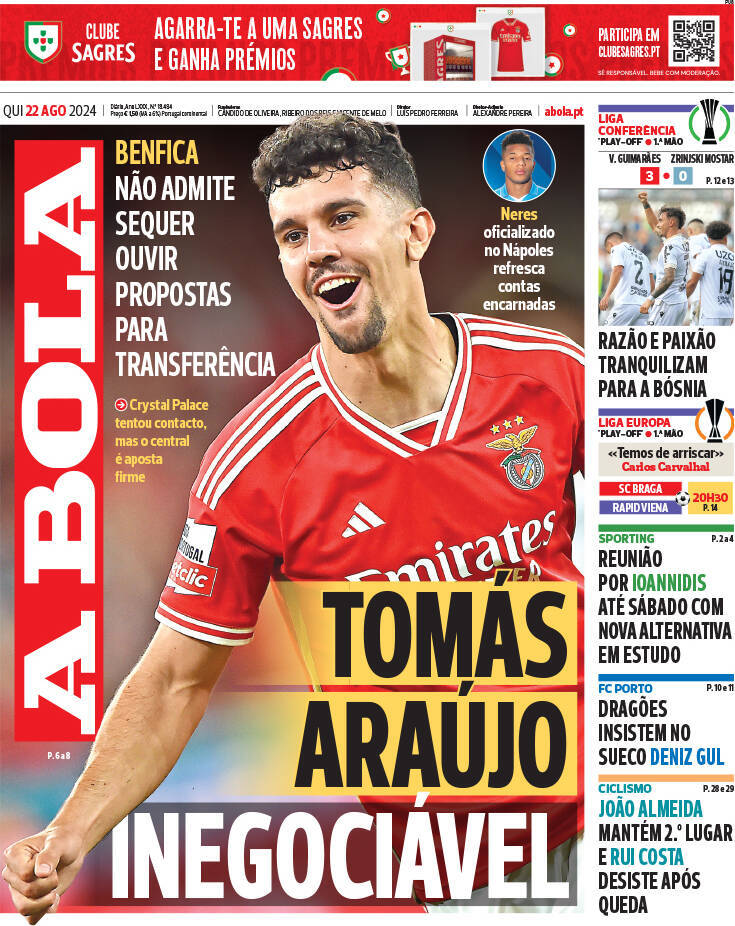A Bola: Capa da Edi&ccedil;&atilde;o de quinta-feira, 22 de agosto 2024