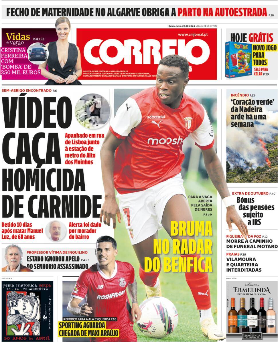 Correio da Manh&atilde;: Capa da Edi&ccedil;&atilde;o de quinta-feira, 22 de agosto 2024