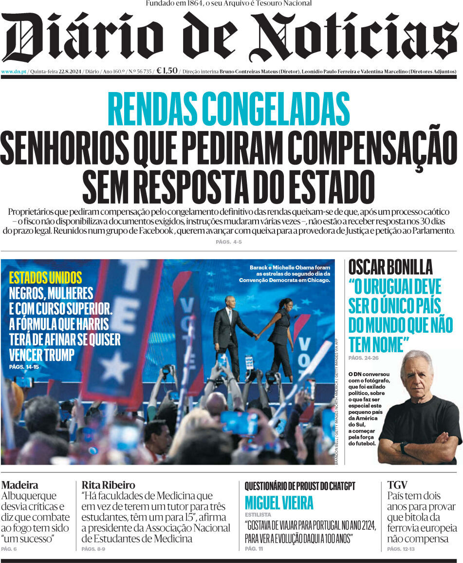 Di&aacute;rio de Not&iacute;cias: Capa da Edi&ccedil;&atilde;o de quinta-feira, 22 de agosto 2024