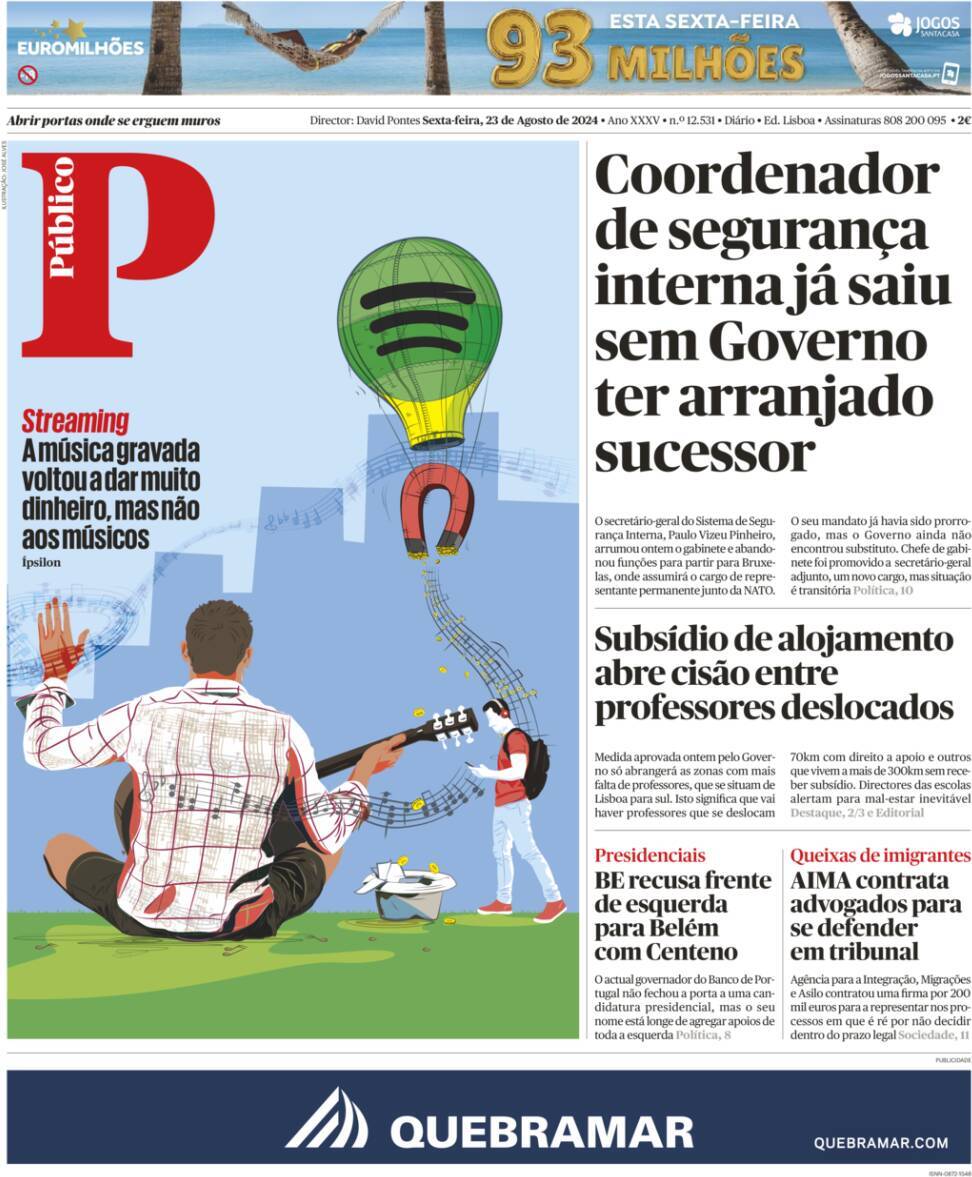 P&uacute;blico: Capa da Edi&ccedil;&atilde;o de sexta-feira, 23 de agosto 2024