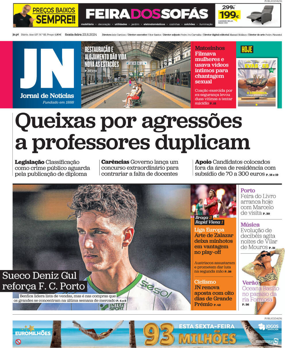Jornal de Not&iacute;cias: Capa da Edi&ccedil;&atilde;o de sexta-feira, 23 de agosto 2024