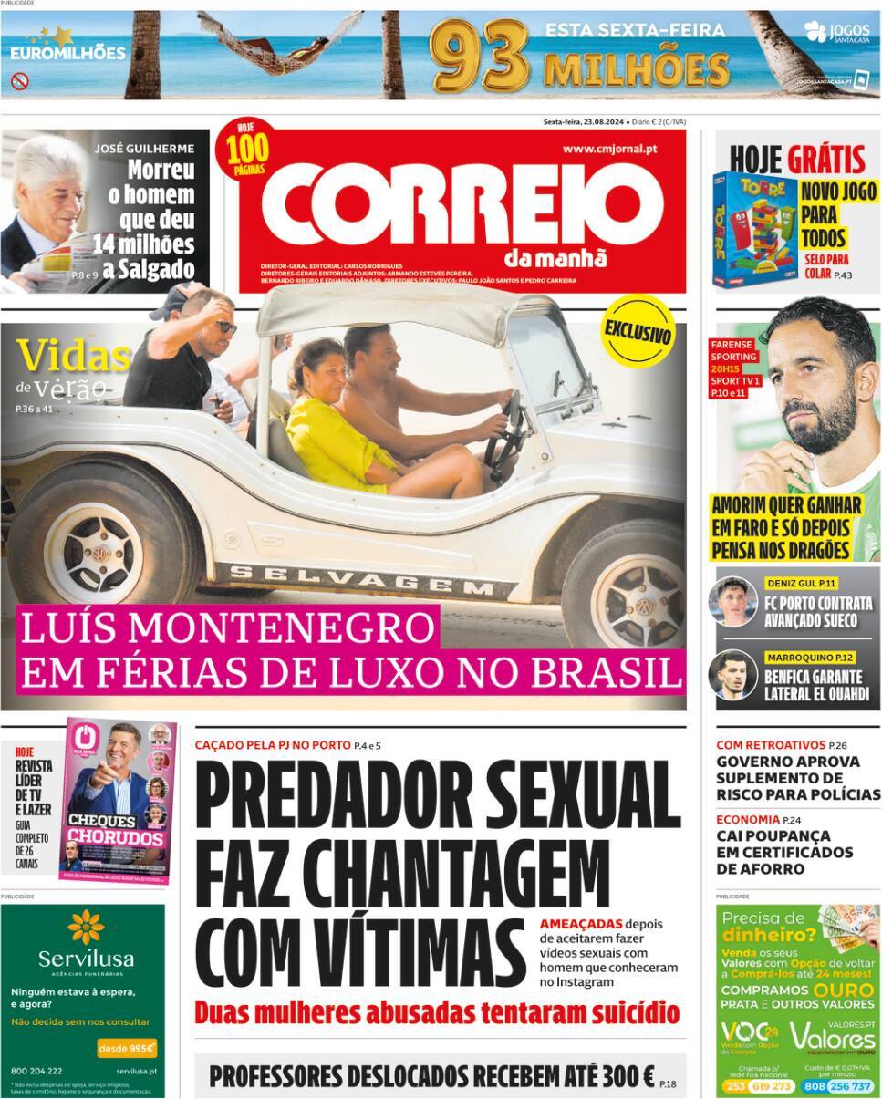 Correio da Manh&atilde;: Capa da Edi&ccedil;&atilde;o de sexta-feira, 23 de agosto 2024