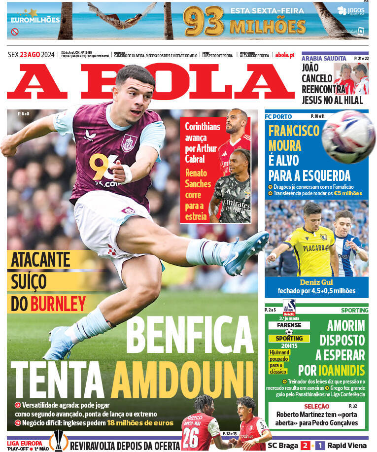 A Bola: Capa da Edi&ccedil;&atilde;o de sexta-feira, 23 de agosto 2024