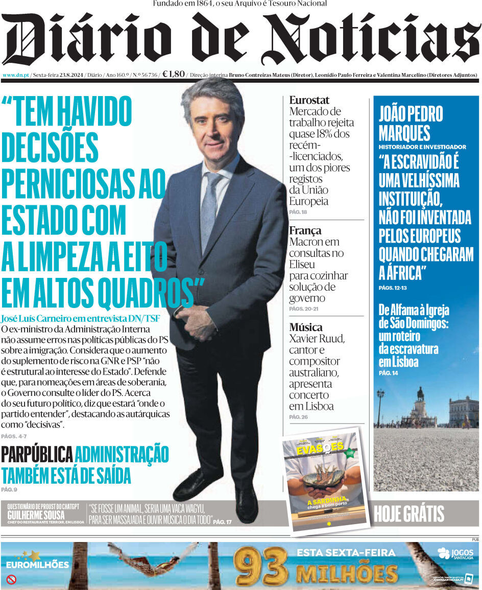 Di&aacute;rio de Not&iacute;cias: Capa da Edi&ccedil;&atilde;o de sexta-feira, 23 de agosto 2024
