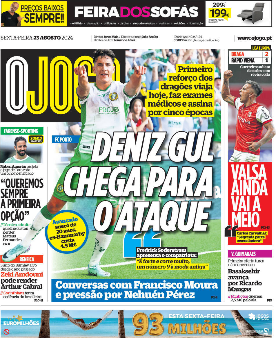 O Jogo: Capa da Edi&ccedil;&atilde;o de sexta-feira, 23 de agosto 2024