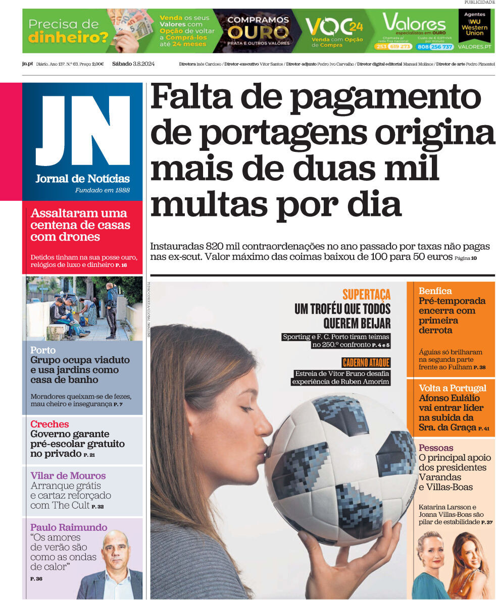 Jornal de Not&iacute;cias: Capa da Edi&ccedil;&atilde;o de s&aacute;bado, 03 de agosto 2024