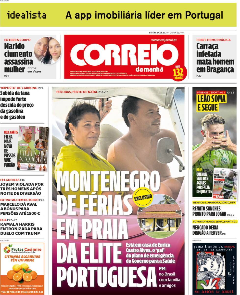 Correio da Manh&atilde;: Capa da Edi&ccedil;&atilde;o de s&aacute;bado, 24 de agosto 2024