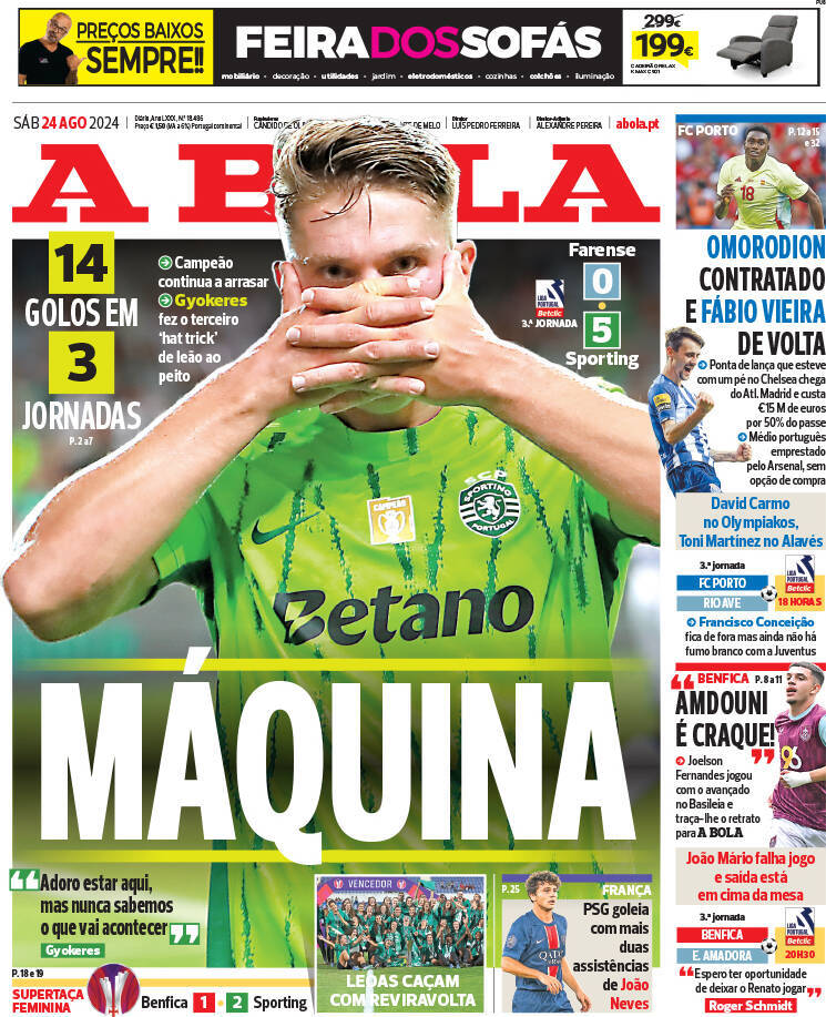 A Bola: Capa da Edi&ccedil;&atilde;o de s&aacute;bado, 24 de agosto 2024
