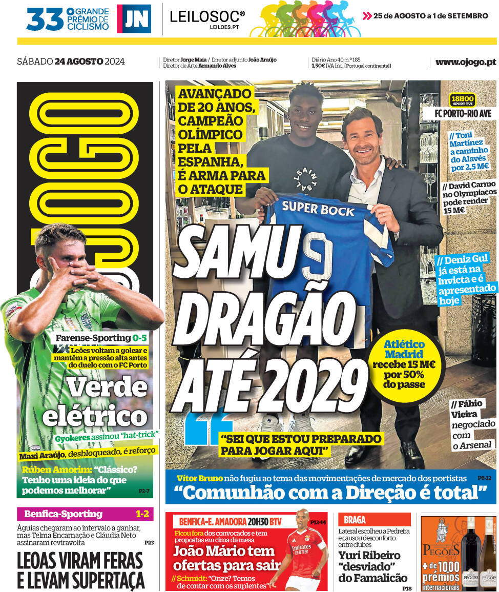 O Jogo: Capa da Edi&ccedil;&atilde;o de s&aacute;bado, 24 de agosto 2024