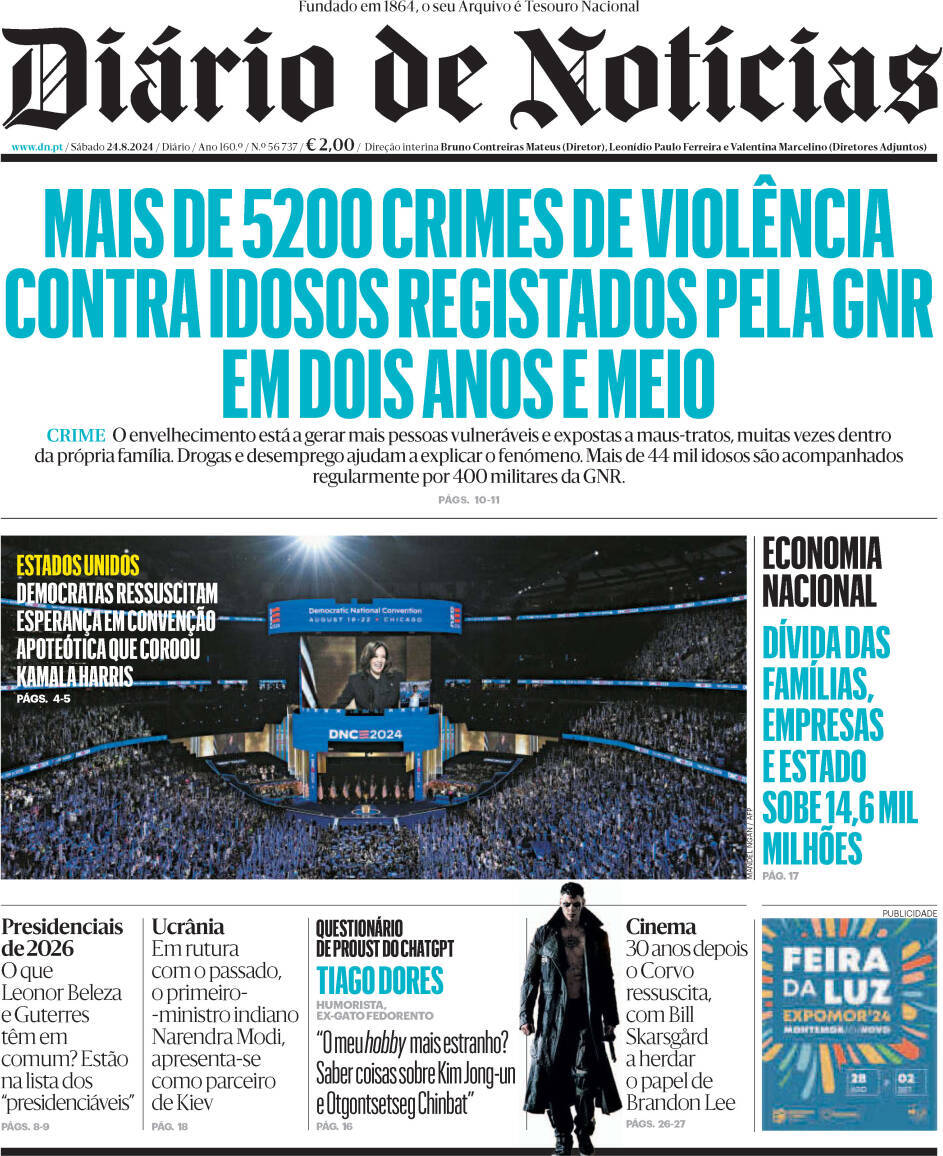 Di&aacute;rio de Not&iacute;cias: Capa da Edi&ccedil;&atilde;o de s&aacute;bado, 24 de agosto 2024