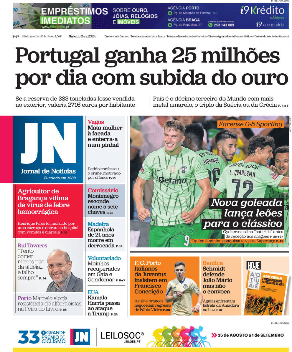 Jornal de Not&iacute;cias: Capa da Edi&ccedil;&atilde;o de s&aacute;bado, 24 de agosto 2024