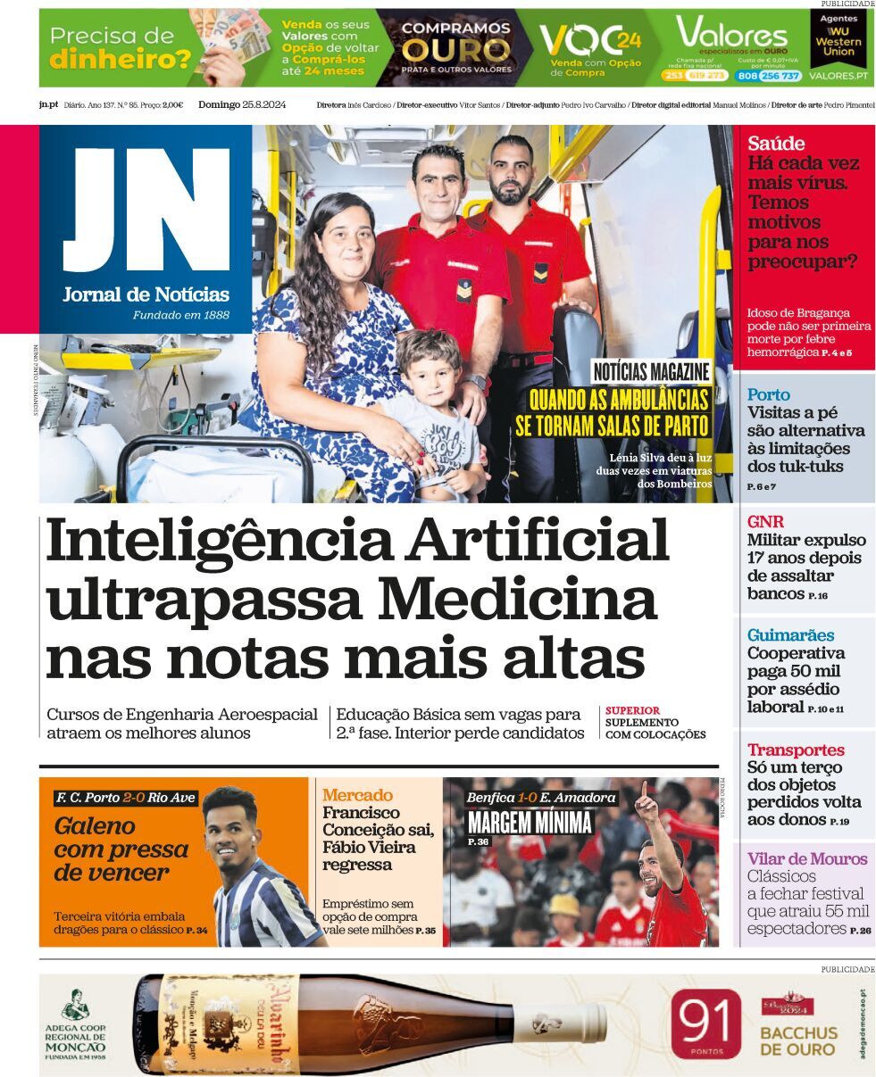 Jornal de Not&iacute;cias: Capa da Edi&ccedil;&atilde;o de domingo, 25 de agosto 2024