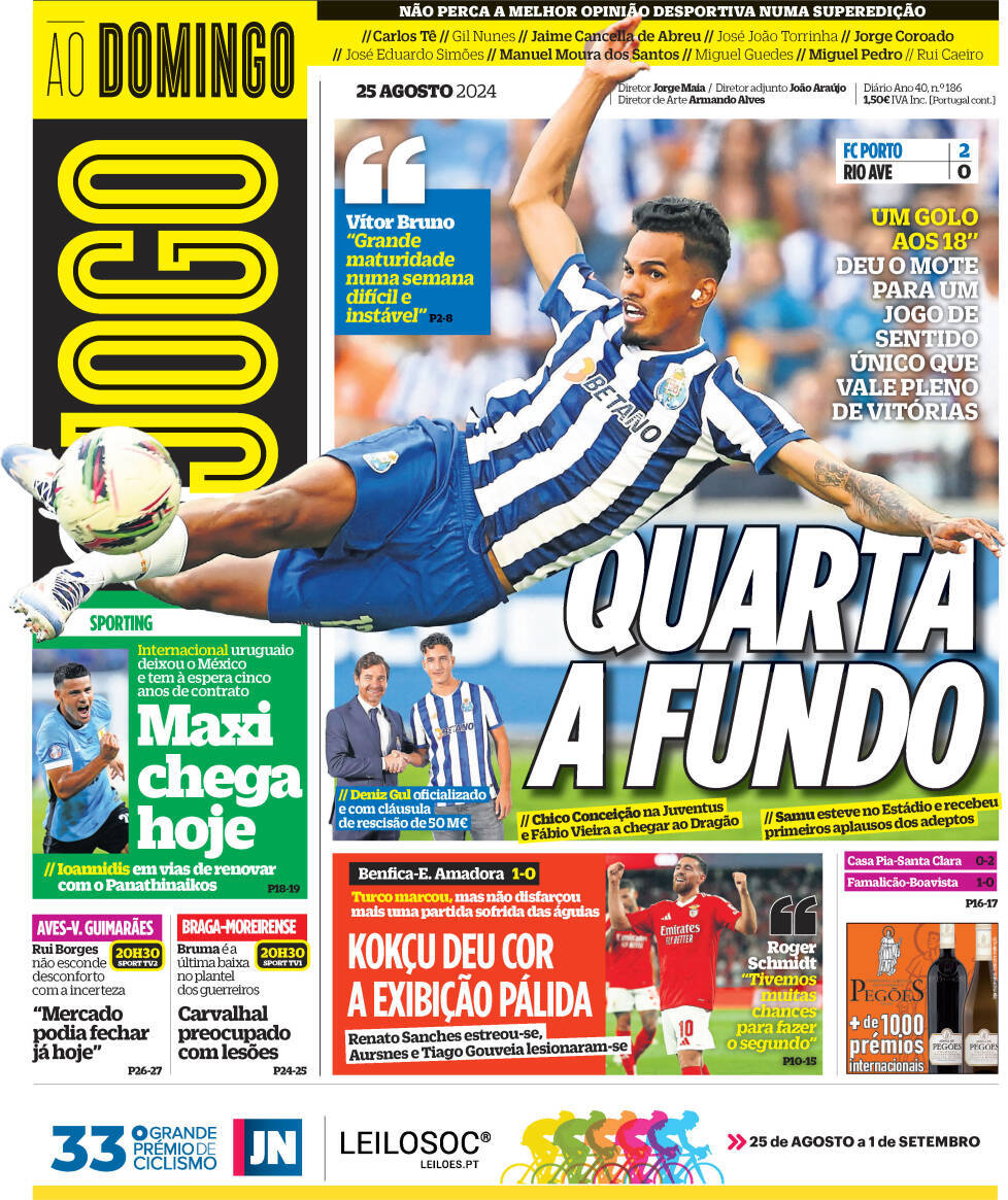 O Jogo: Capa da Edi&ccedil;&atilde;o de domingo, 25 de agosto 2024