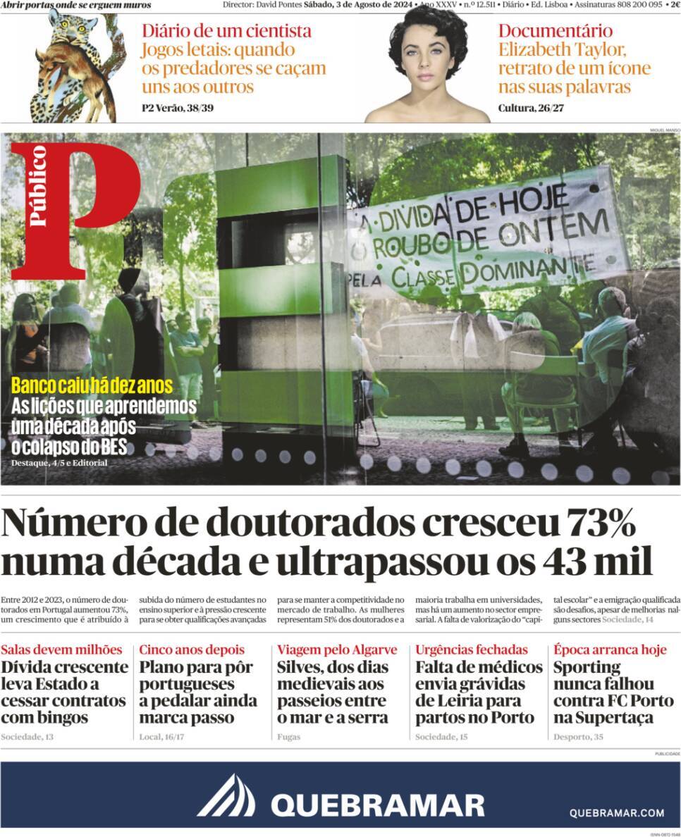 P&uacute;blico: Capa da Edi&ccedil;&atilde;o de s&aacute;bado, 03 de agosto 2024