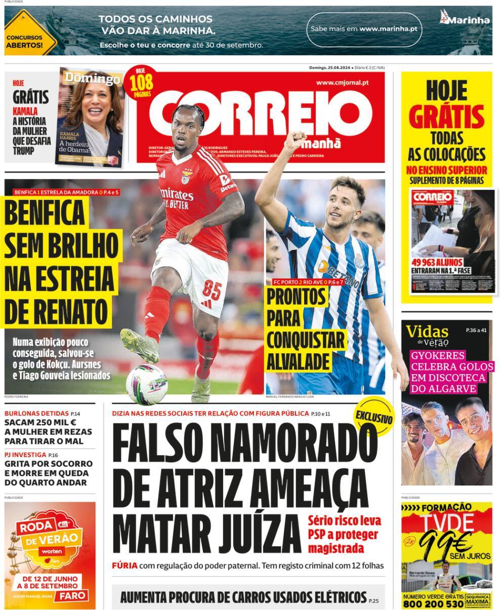 Correio da Manh&atilde;: Capa da Edi&ccedil;&atilde;o de domingo, 25 de agosto 2024