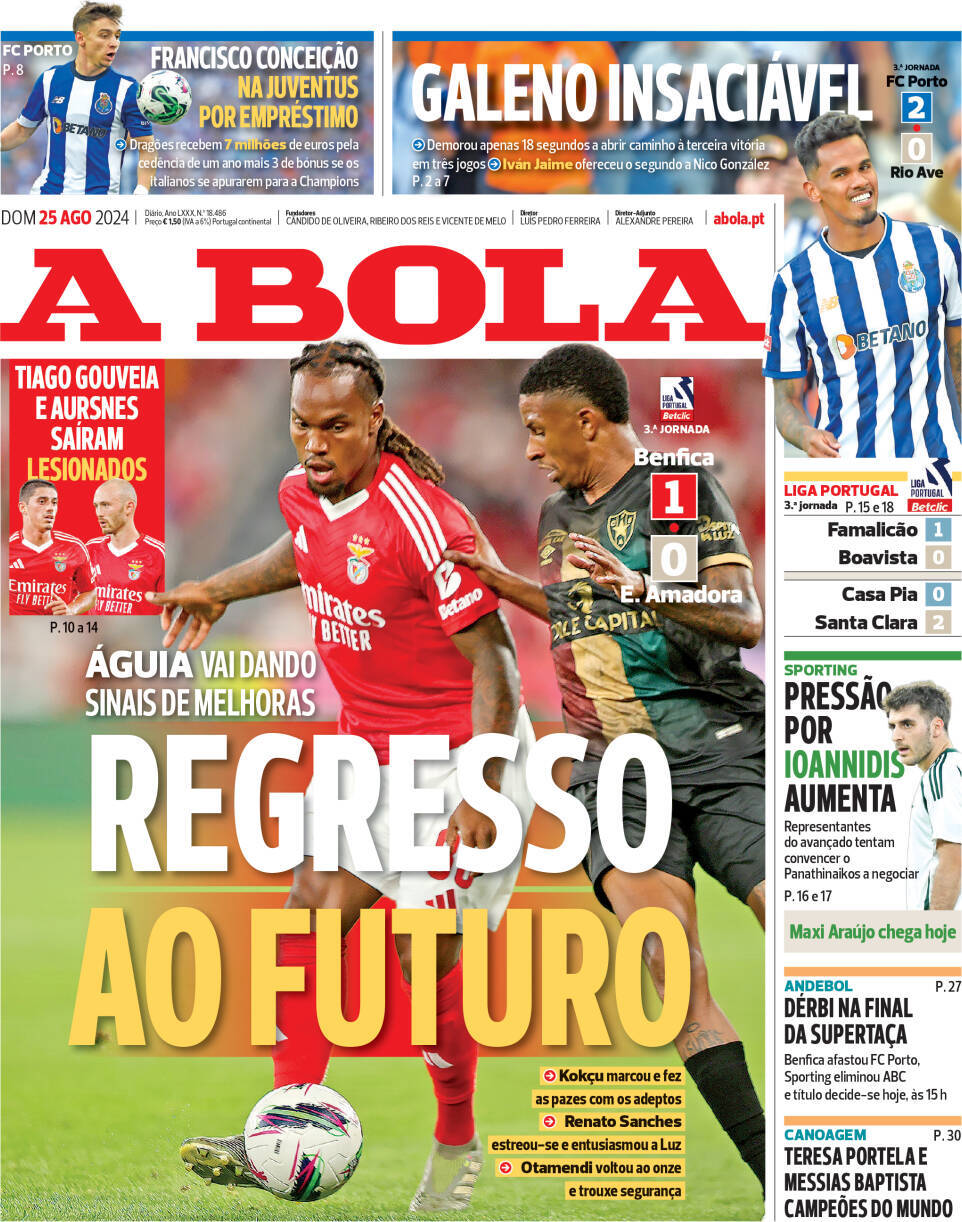 A Bola: Capa da Edi&ccedil;&atilde;o de domingo, 25 de agosto 2024