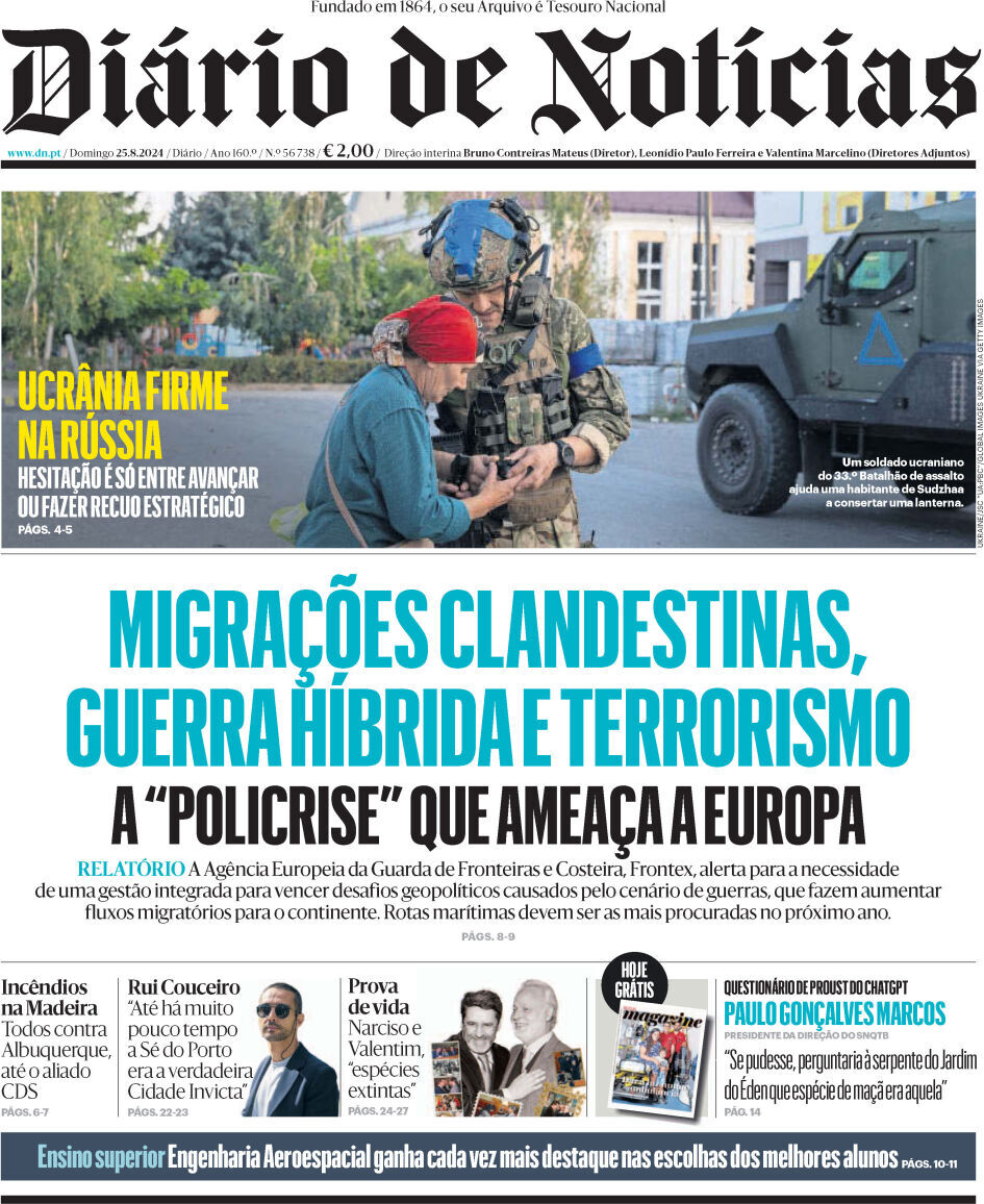Di&aacute;rio de Not&iacute;cias: Capa da Edi&ccedil;&atilde;o de domingo, 25 de agosto 2024