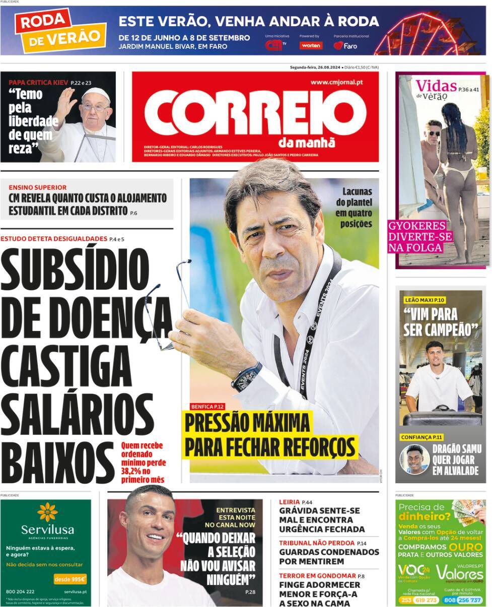 Correio da Manh&atilde;: Capa da Edi&ccedil;&atilde;o de segunda-feira, 26 de agosto 2024