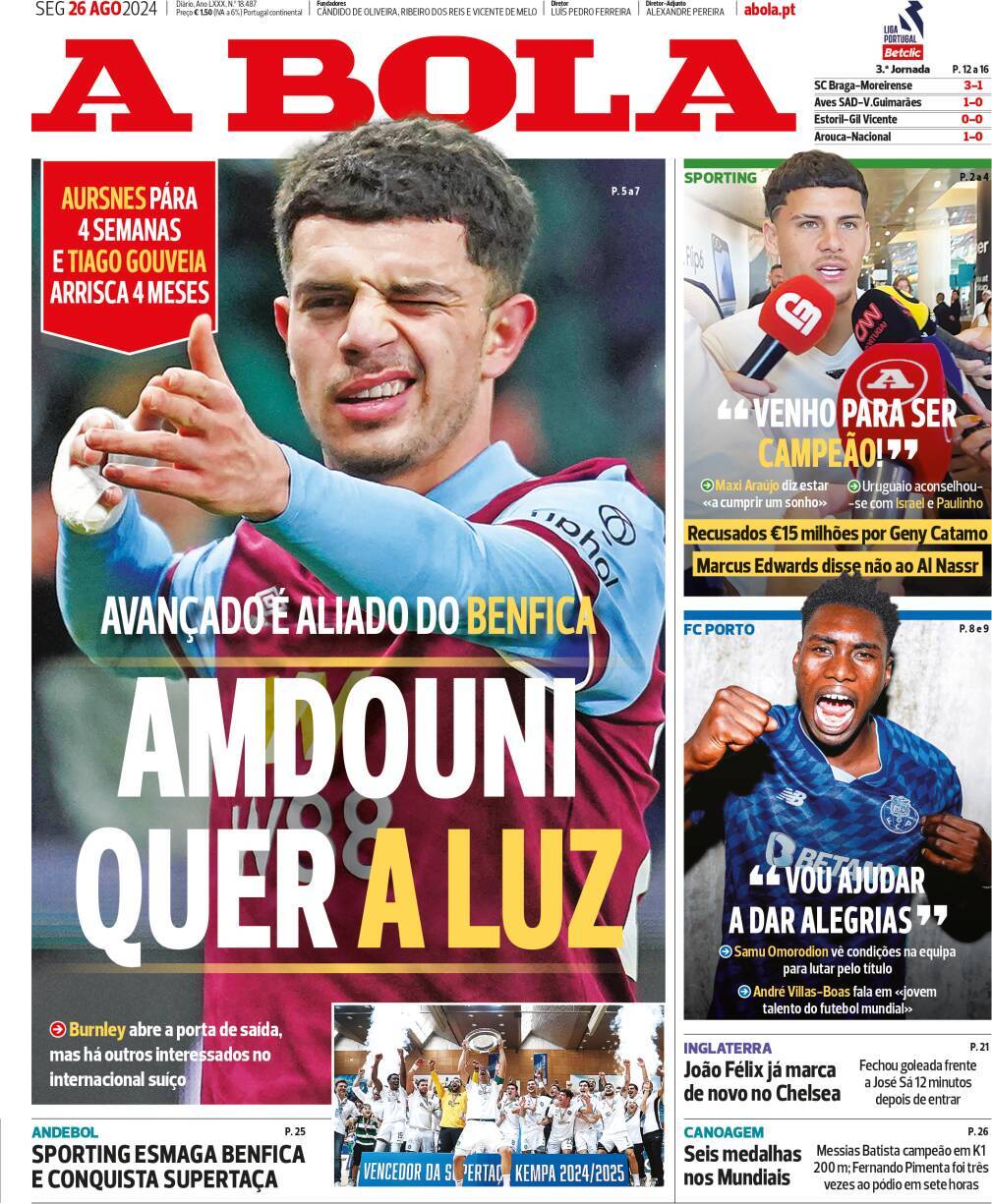 A Bola: Capa da Edi&ccedil;&atilde;o de segunda-feira, 26 de agosto 2024