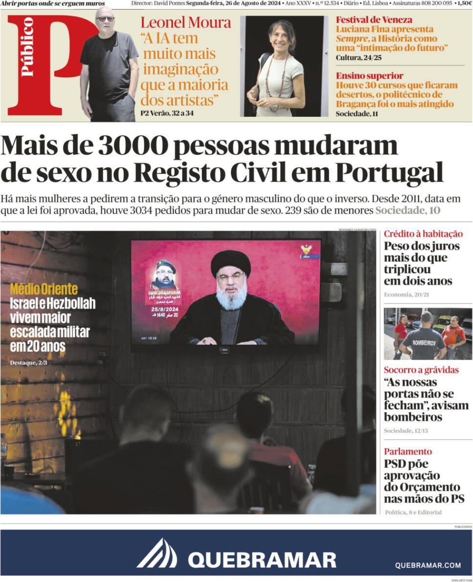 P&uacute;blico: Capa da Edi&ccedil;&atilde;o de segunda-feira, 26 de agosto 2024