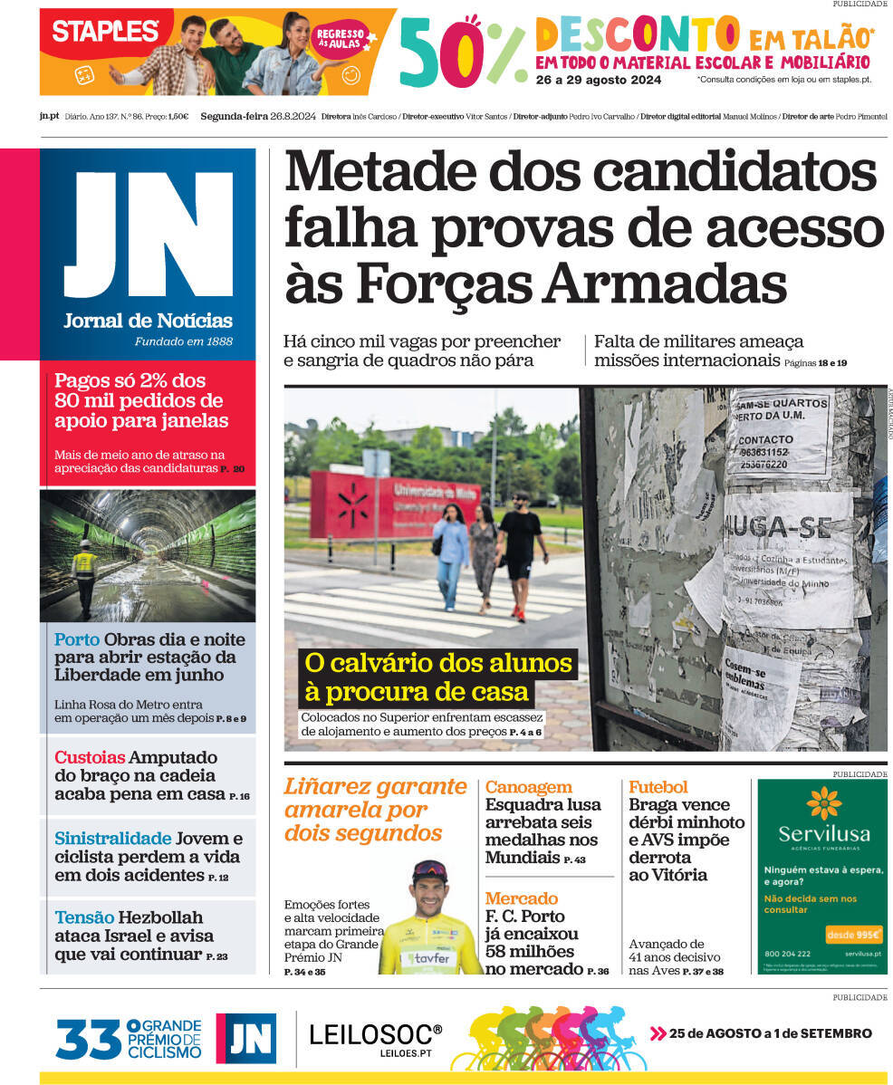 Jornal de Not&iacute;cias: Capa da Edi&ccedil;&atilde;o de segunda-feira, 26 de agosto 2024