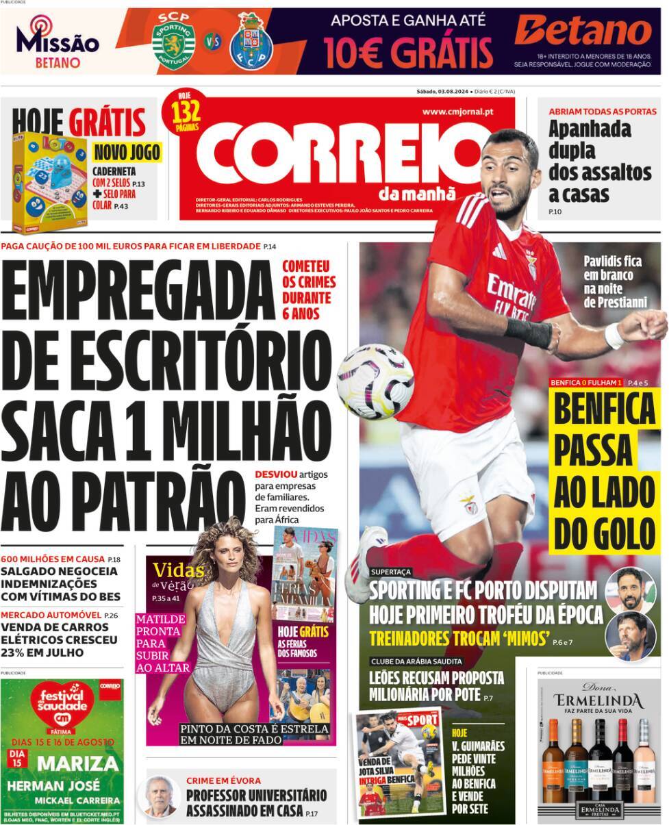 Correio da Manh&atilde;: Capa da Edi&ccedil;&atilde;o de s&aacute;bado, 03 de agosto 2024