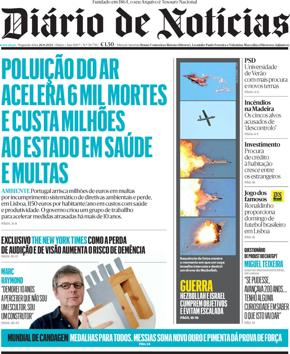 Di&aacute;rio de Not&iacute;cias: Capa da Edi&ccedil;&atilde;o de segunda-feira, 26 de agosto 2024