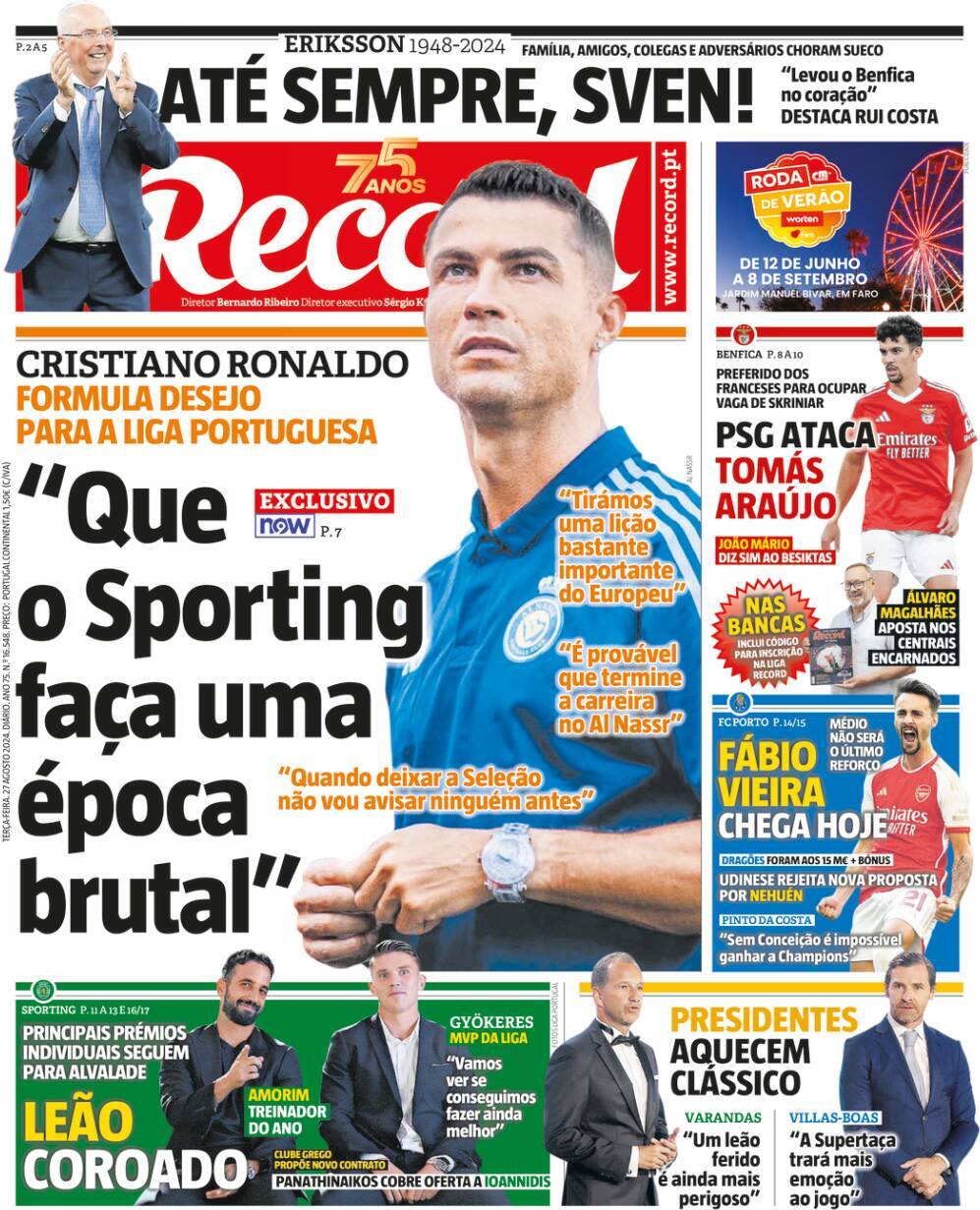 Record: Capa da Edi&ccedil;&atilde;o de ter&ccedil;a-feira, 27 de agosto 2024