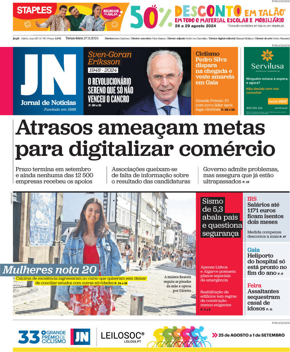 Jornal de Not&iacute;cias: Capa da Edi&ccedil;&atilde;o de ter&ccedil;a-feira, 27 de agosto 2024