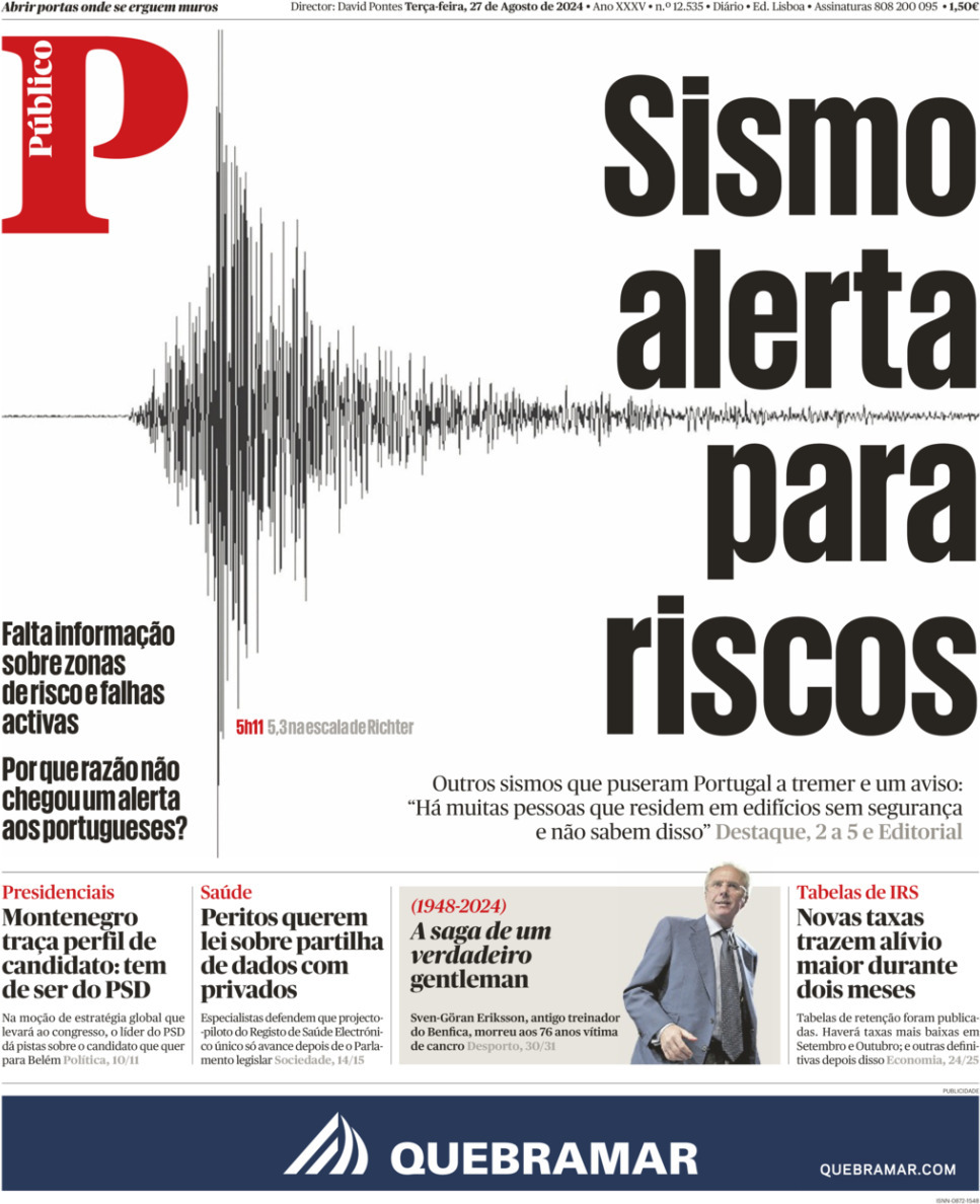 P&uacute;blico: Capa da Edi&ccedil;&atilde;o de ter&ccedil;a-feira, 27 de agosto 2024