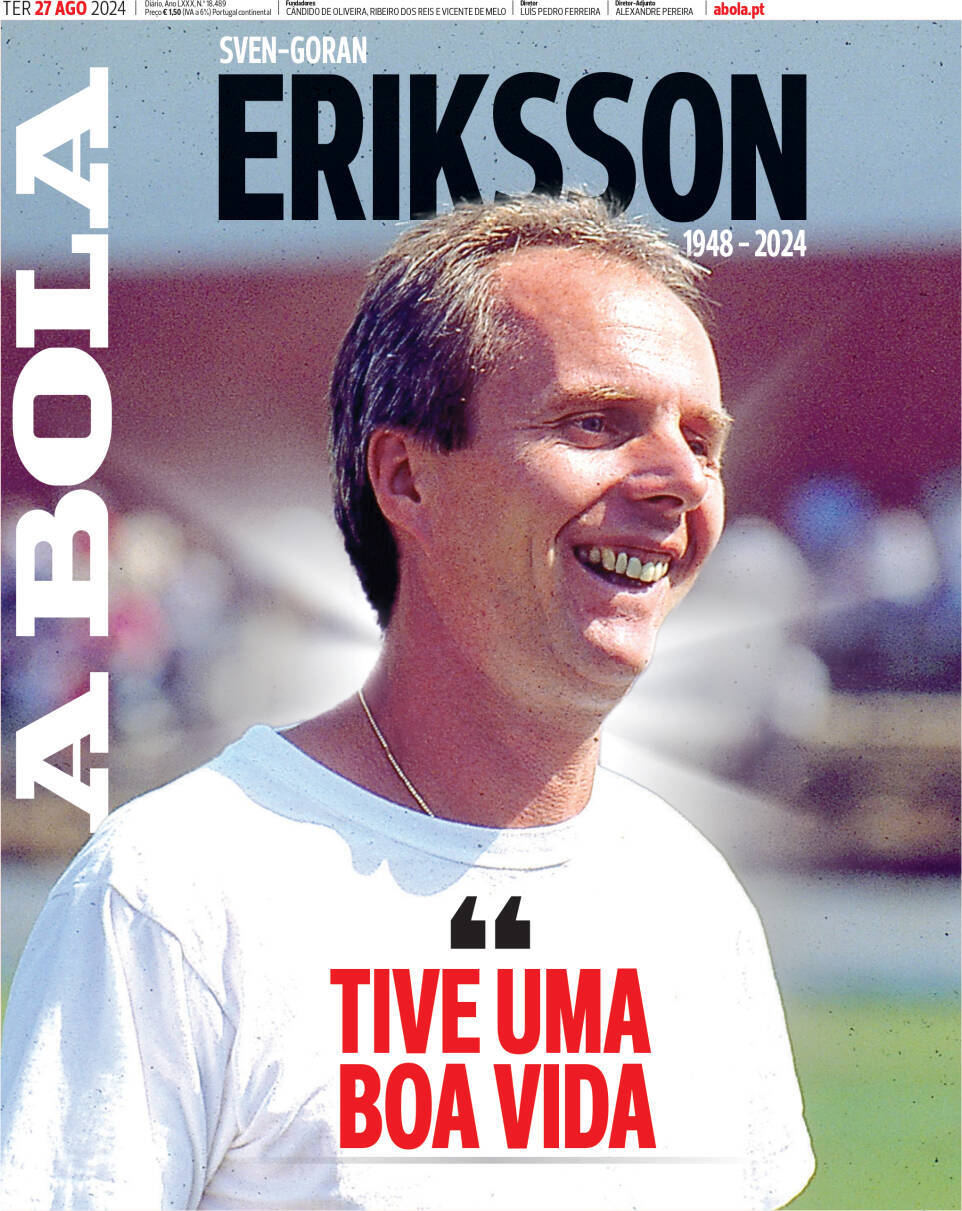 A Bola: Capa da Edi&ccedil;&atilde;o de ter&ccedil;a-feira, 27 de agosto 2024