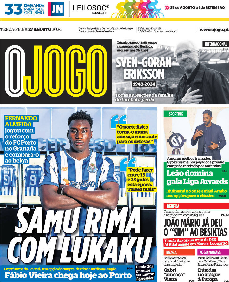 O Jogo: Capa da Edi&ccedil;&atilde;o de ter&ccedil;a-feira, 27 de agosto 2024